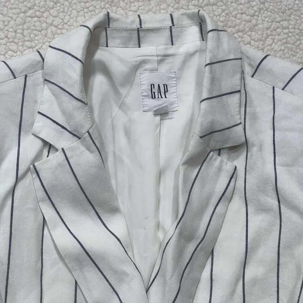 Gap Classic Girlfriend Linen Blazer Navy White Sz 8 Relaxed Fit Versatile Lined